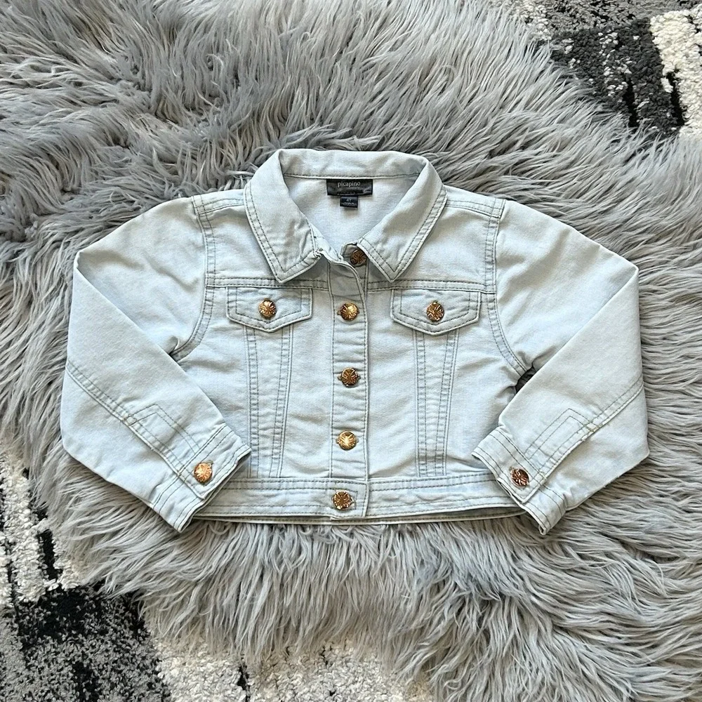 Picapino Girls Light Wash Denim Button Up Jean Jacket Size 4T